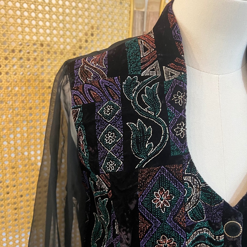 Vintage By Choice Black Velvet Sheer Sleeve Beaded Patchwork Cropped Blazer S - Picture 11 of 11